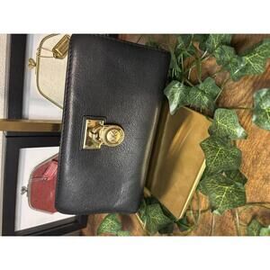 Michael Kors Pebbled Leather Zip Wallet Gold Hardware Black